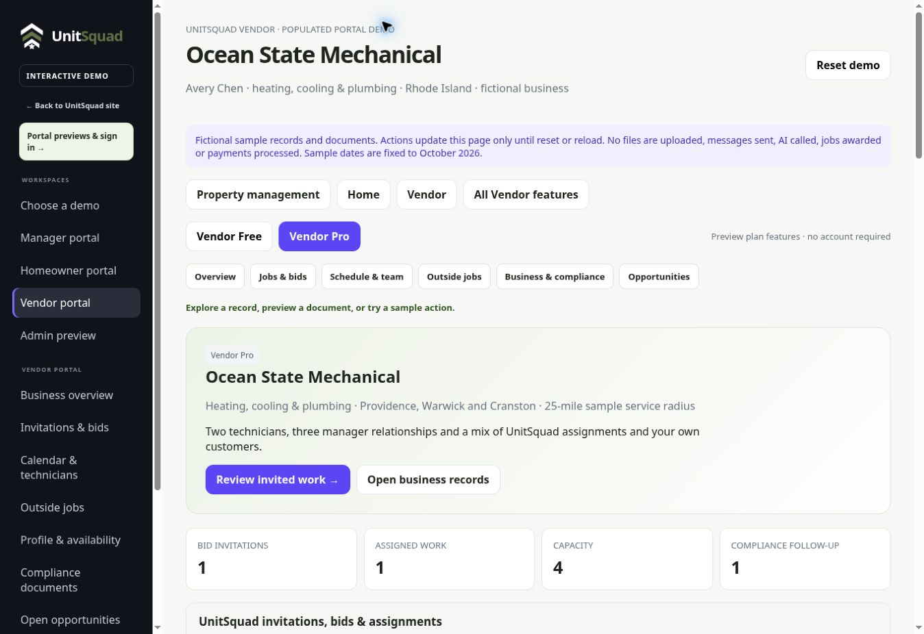 VENDORS & CONTRACTORS sample UnitSquad workspace